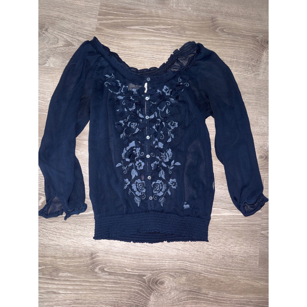 Abercrombie & Fitch Girls Navy Blue Floral Embroidered Smocked Peasant Blouse XS